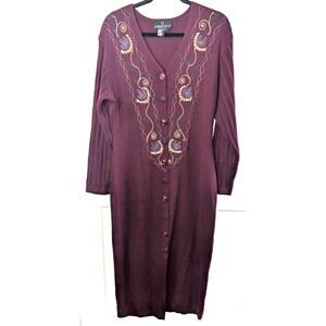 Carole Little Embroidered Sweater Dress Size Large Maroon Boho Midi Wool Blend